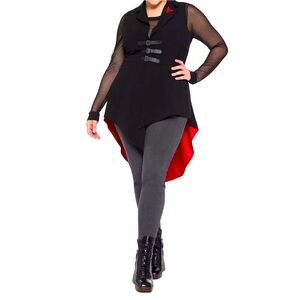 Black and Red Asymmetrical Vest with Sheer Sleeves